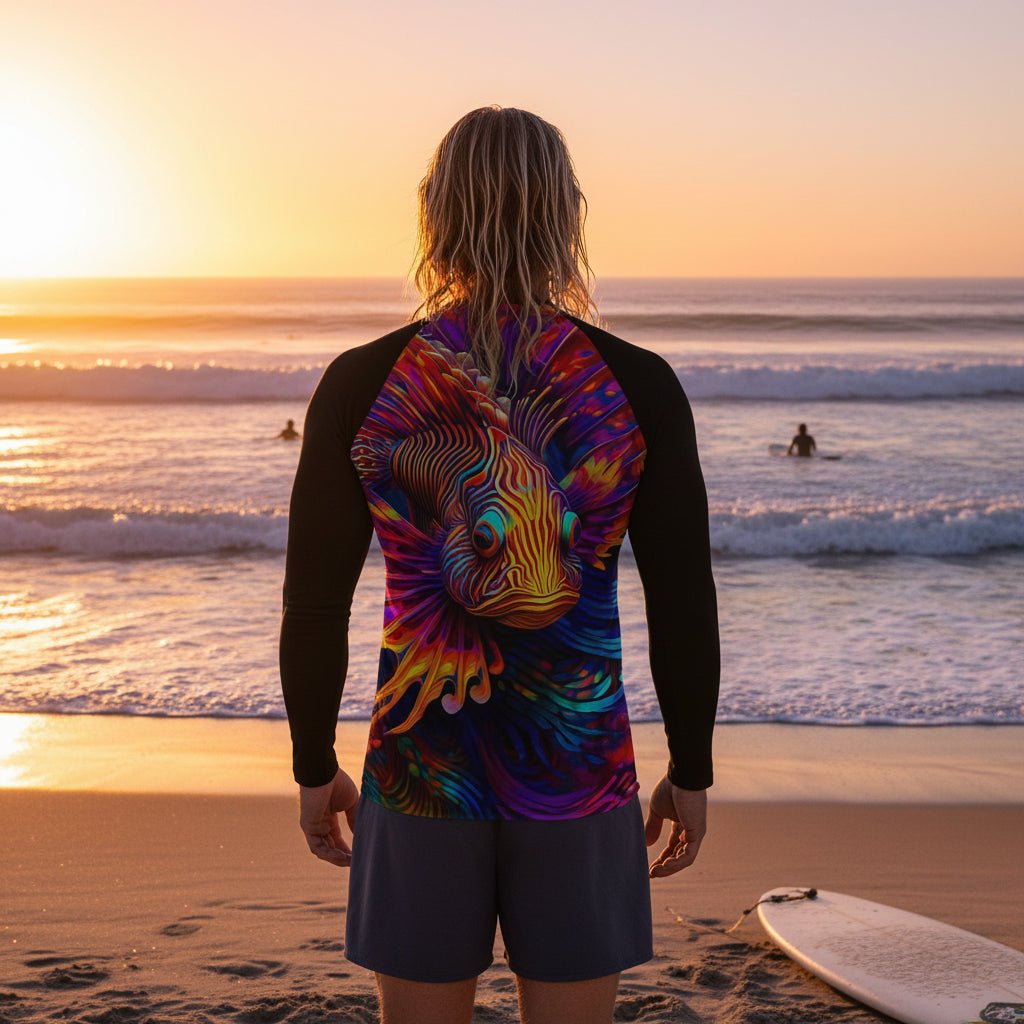 Person wearing a black long-sleeve sun rashie with a colorful lion-fish design on the back watching his fellow surfers out on the waves from Sunset Beach California