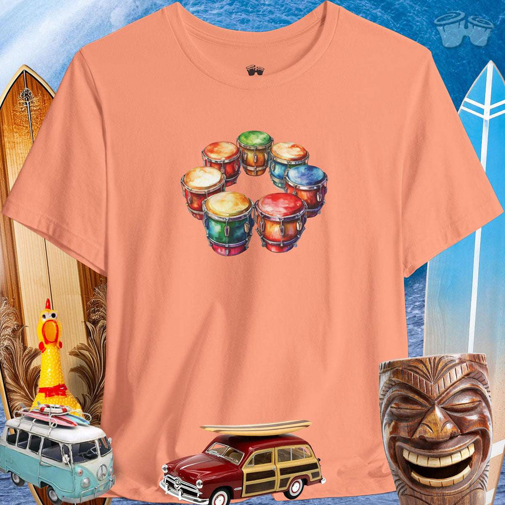 Drum Circle Tee Shirt with Surfing Wave and Icons Background Colorful Bongo Drums Circle | Bella Canvas Tee 🪘