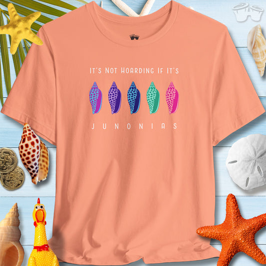 Colorful Junonia T-shirt with seashells, perfect for beach lovers and collectors, featuring the quote 'It's Not Hoarding If It's Junonias'.