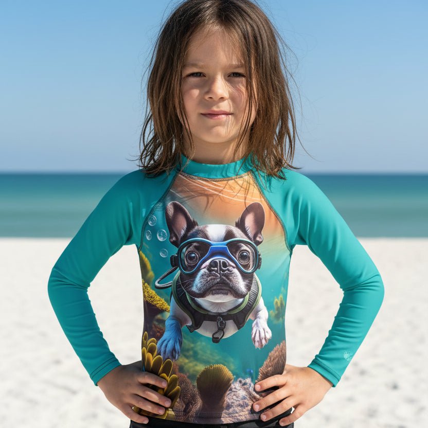 A young surfer dude stands on a sandy beach wearing a teal long-sleeve rash guard with a large graphic print of a French Bulldog wearing scuba diving goggles. The background shows the blue ocean and sky.