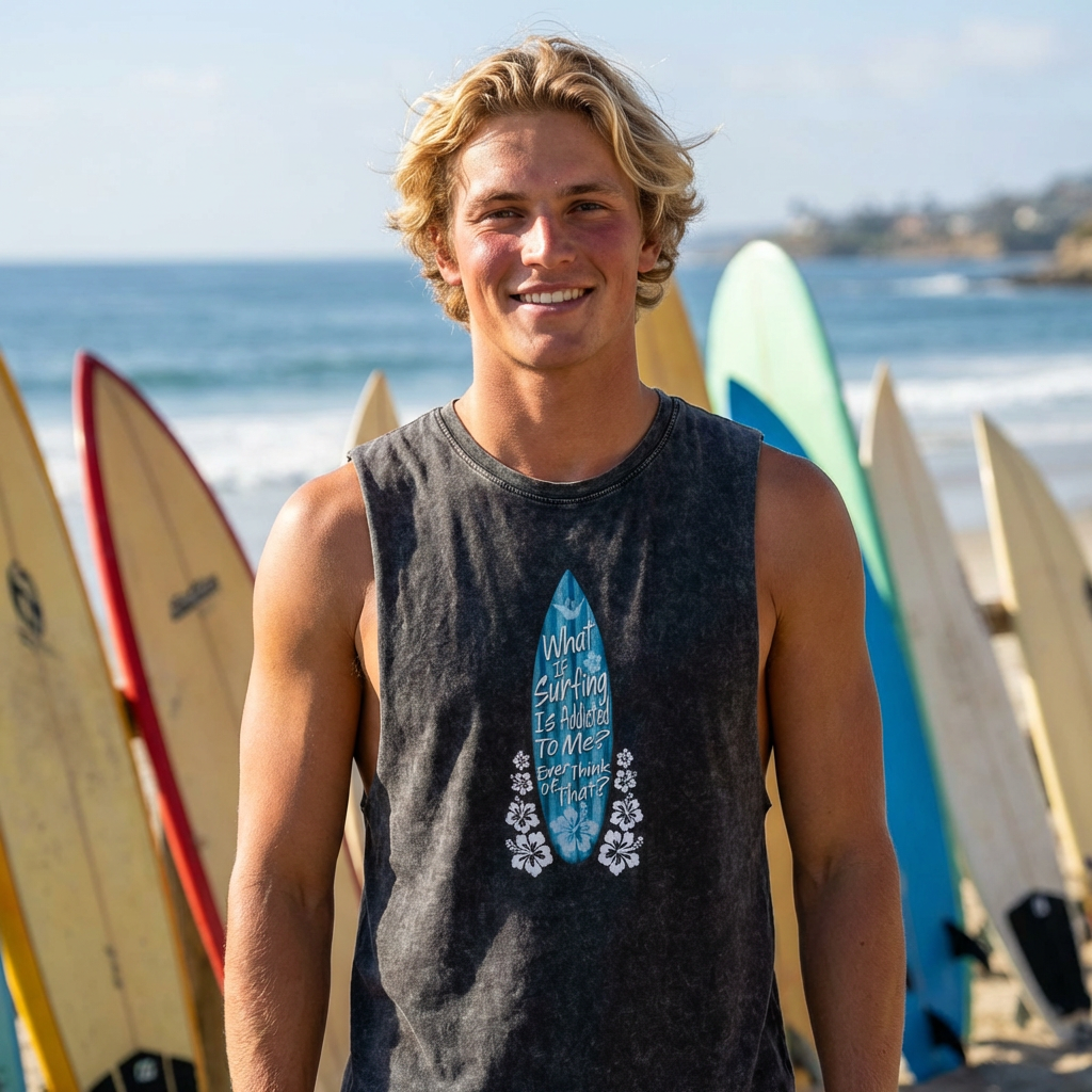 Man standing in front of surfboards on a beach wearing a tank top with surfboard graphic that stays "What if Surfing is Addicted to Me? Ever think of that? 
