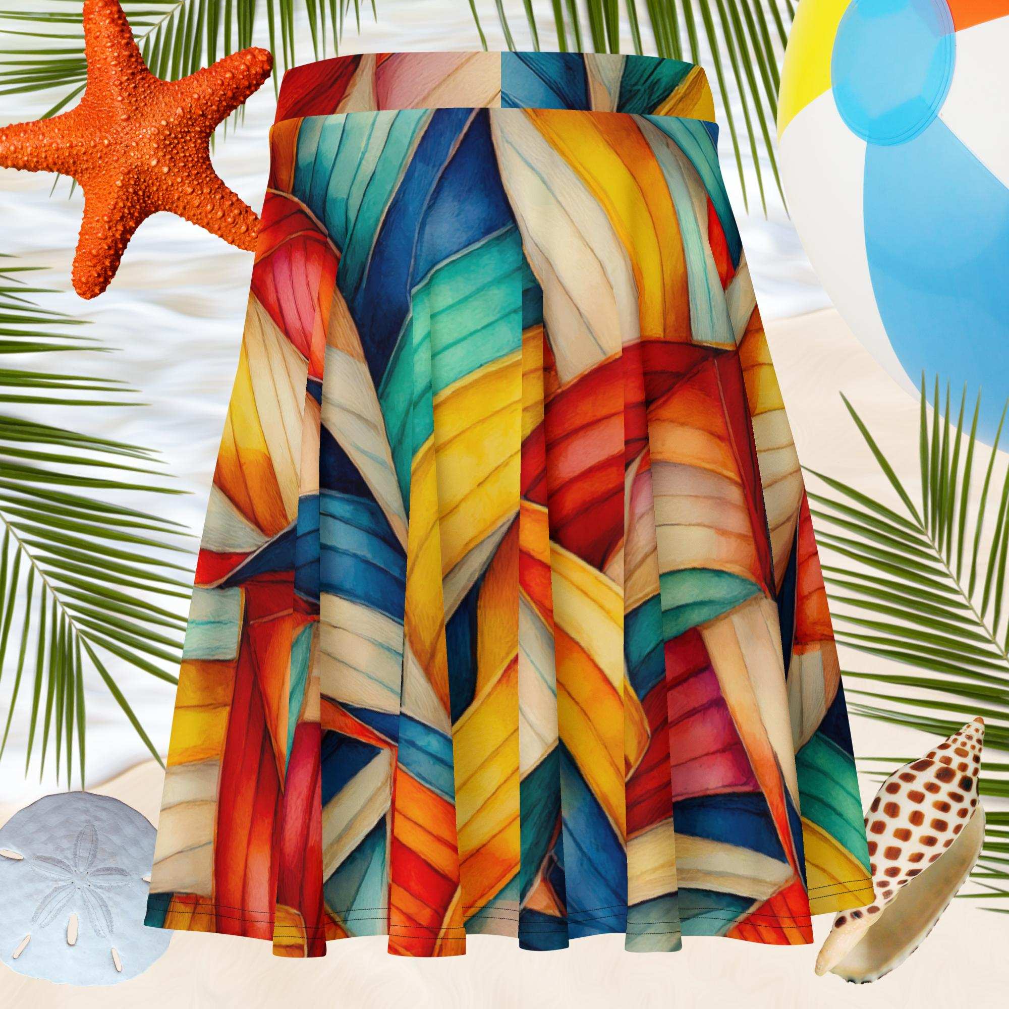 nautical style surf skirt hovering over the sand of a pristine beach next to a beach ball, a sand dollar and a Junonia shell