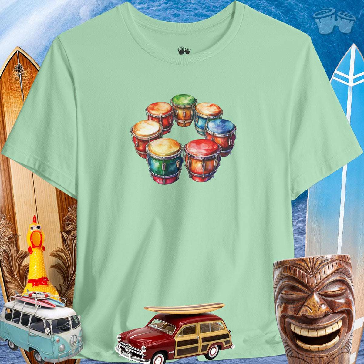 Drum Circle Tee Shirt with Surfing Wave and Icons Background Colorful Bongo Drum Circle | Bella Canvas Tee 🪘