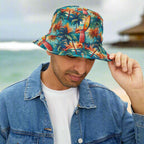 Guy wearing a Bongo Beachwear Bucket Hat for Surfers standing outside a surf shack in Hawaii