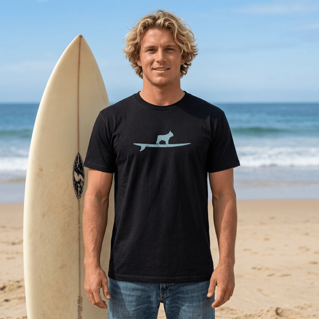 A man standing on a sandy beach holding a surfboard, wearing a black crewneck Surf Dog Tee with a light blue dog on a surfboard graphic on the chest, and blue jeans.