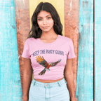 Surfer girl wearing a Parrot Head T-shirt leaning on a Surfboard