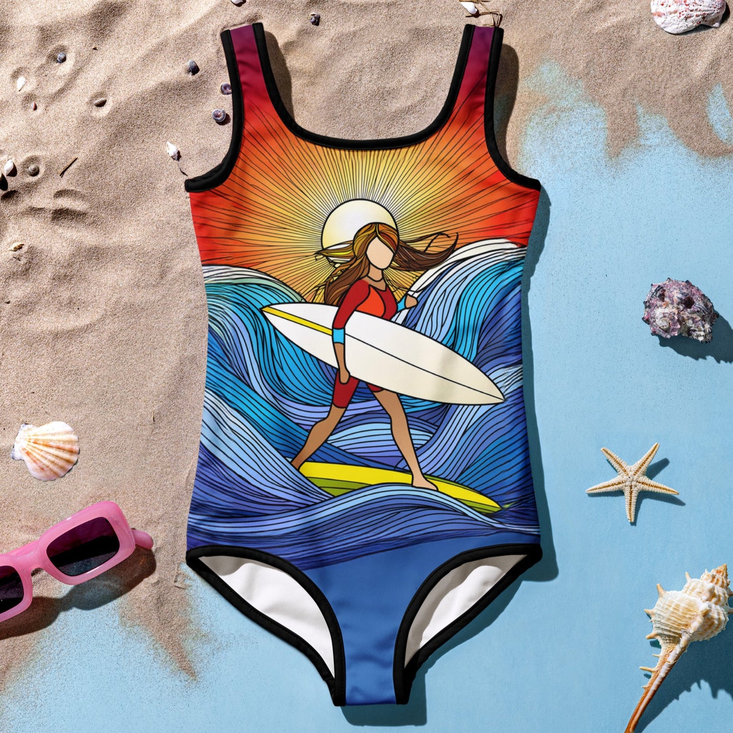 One Piece Girl's Swimsuit with surreal art of surfer girl riding the waves with an extra surfboard. Garment is laying in sand with seashells
