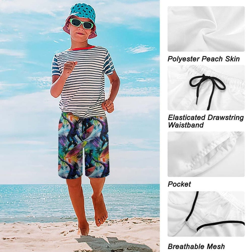Child wearing a striped shirt, colorful shorts, and a bucket hat on a beach with fabric details shown.