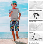 Child wearing a striped shirt, colorful shorts, and a bucket hat on a beach with fabric details shown.