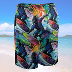 Colorful beach shorts with a tropical design on a beach background