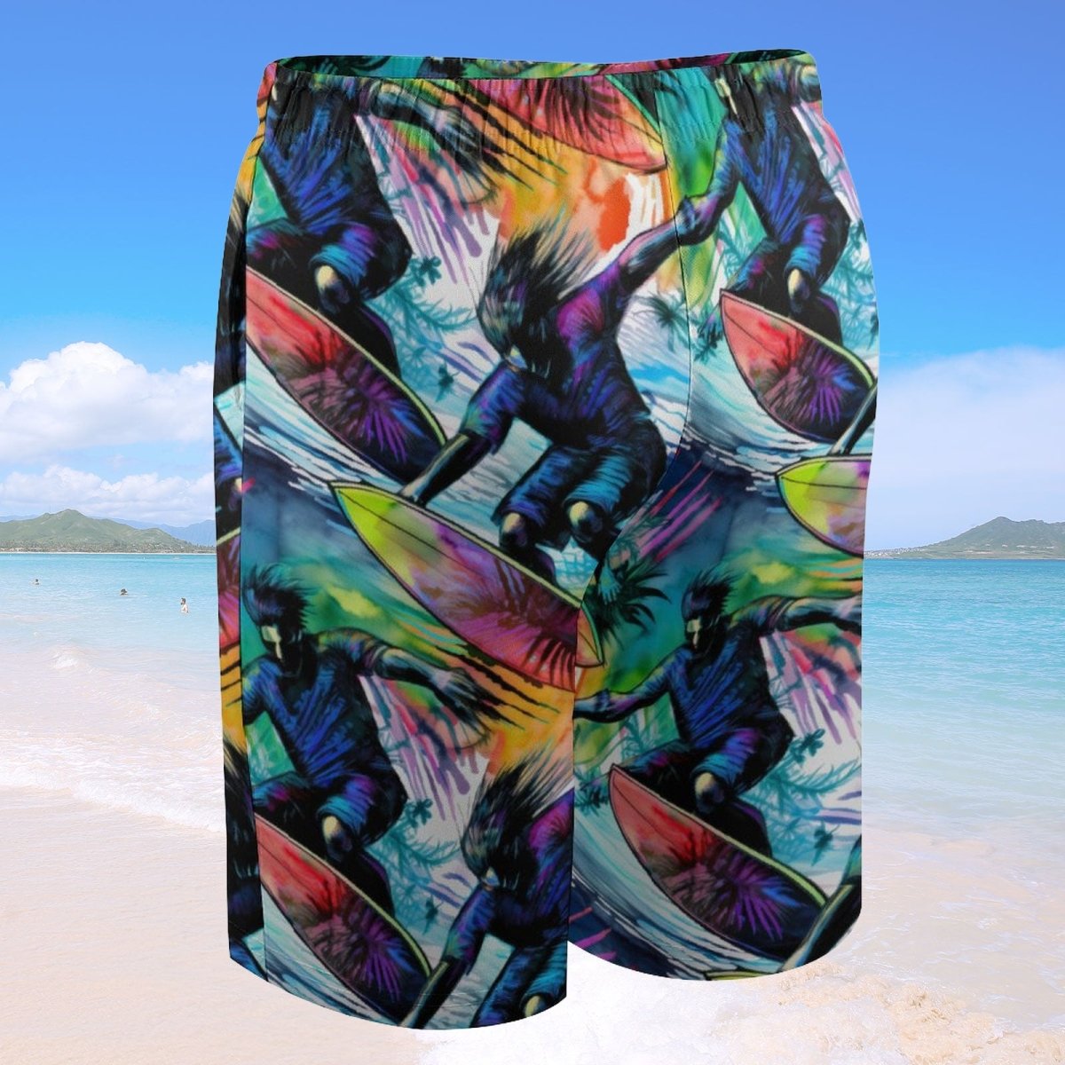 Colorful beach shorts with a tropical design on a beach background