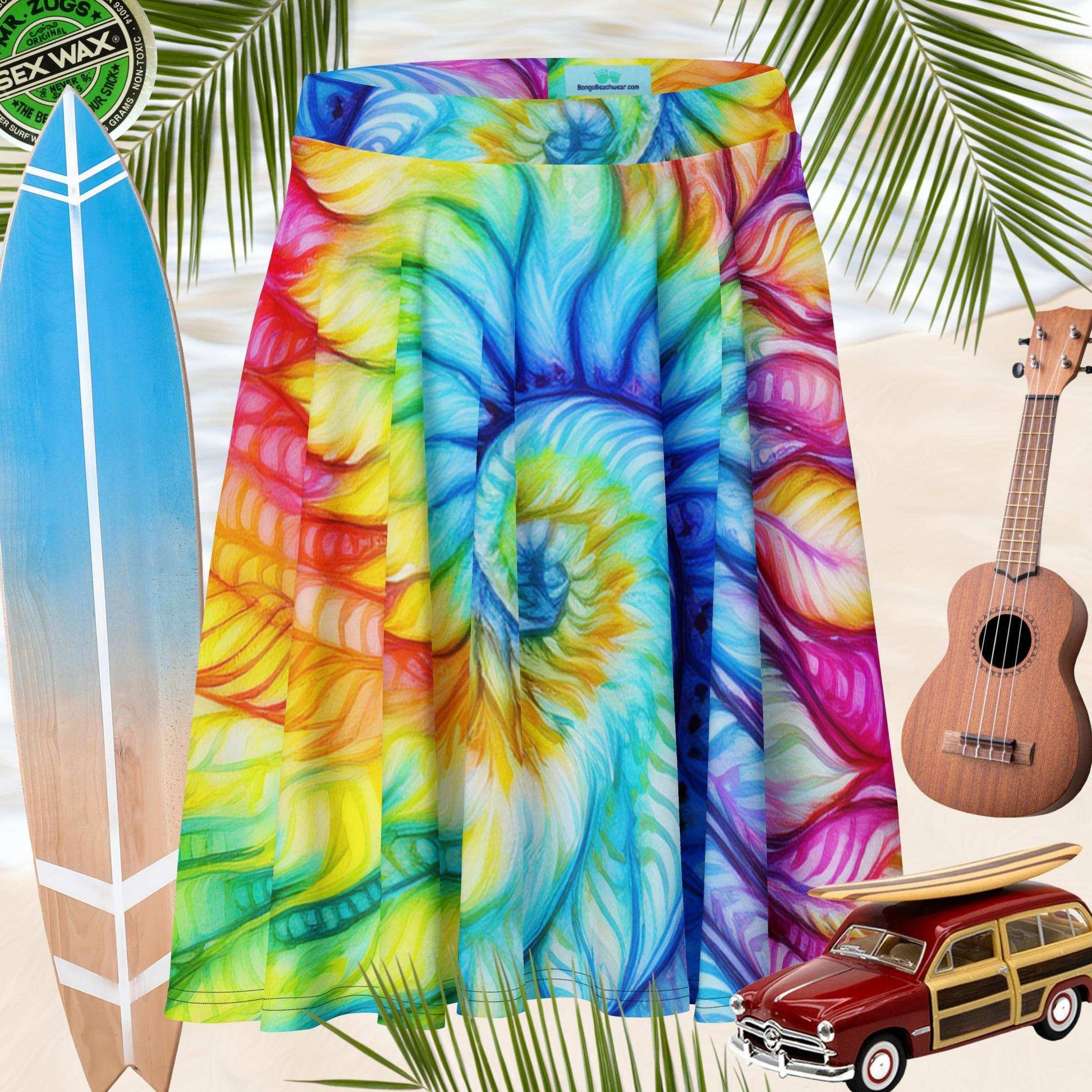 Cool Tie-Dye Surfer's skirt hovering over the sand of a pristine beach surrounded by surfing icons.
