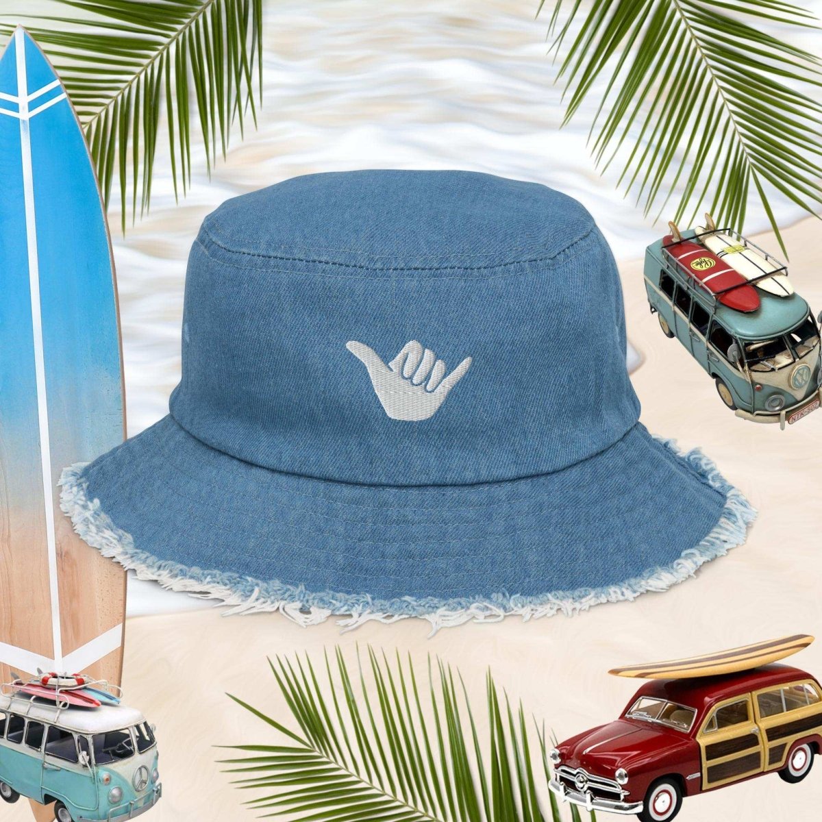 Shaka Blue Jean Bucket Hat with distressed brim, perfect for beach vibes and streetwear lovers. Hang Loose! 🤙
