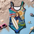 Girl's One-Piece Bathing Suit for Surfing Girls laying in sand next to seashells and sunglasses