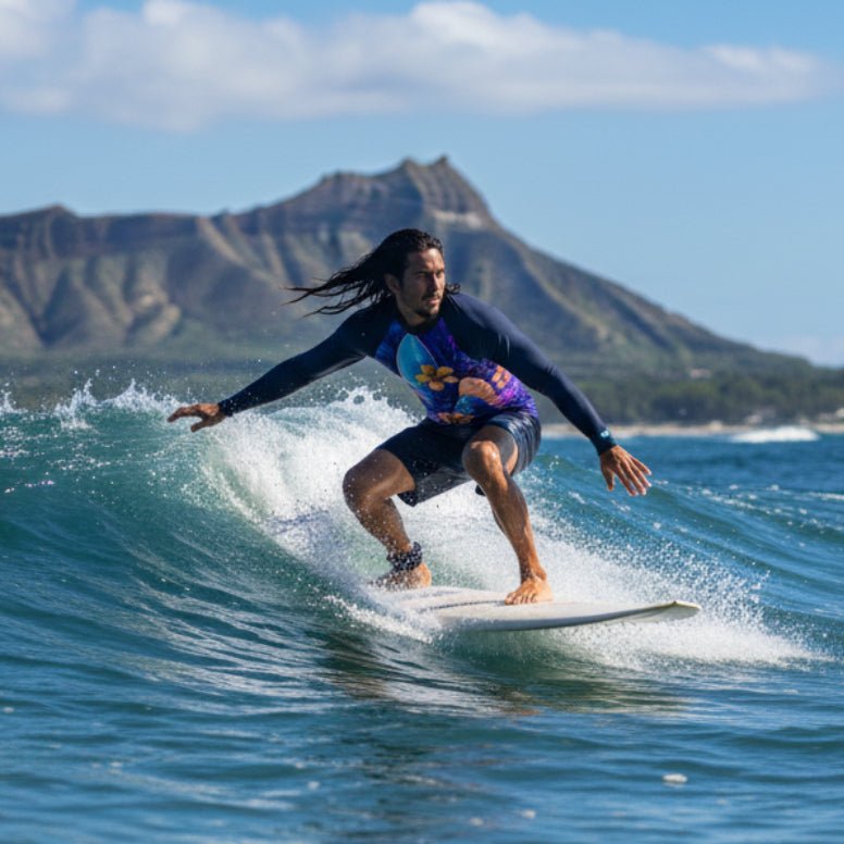 Man wearing a long-sleeve rash guard with a surfboard and floral design surfing Waikiki