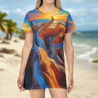Woman wearing long T-Shirt Dress with colorful Driftwood All Over Art. 