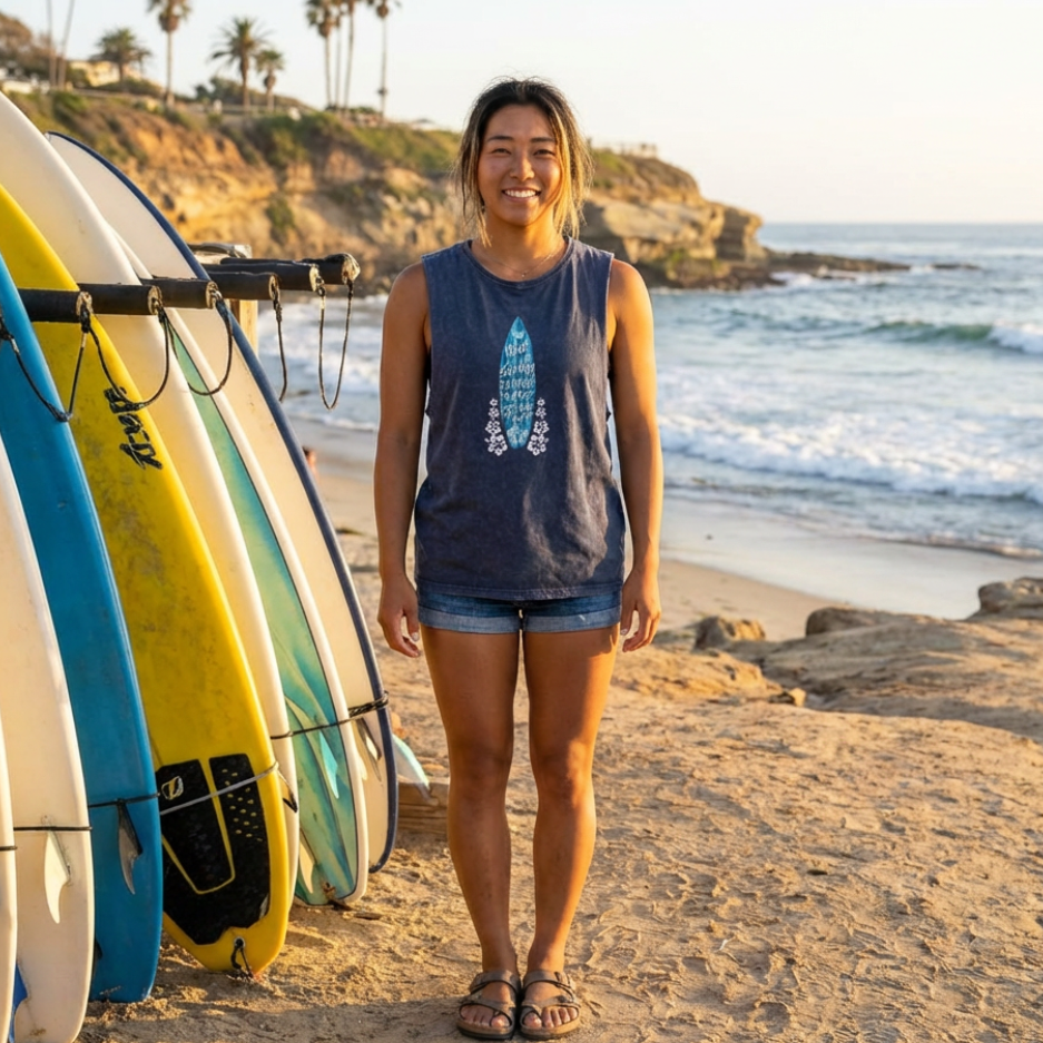 Woman standing on a beach with surfboards, smiling at the camera.