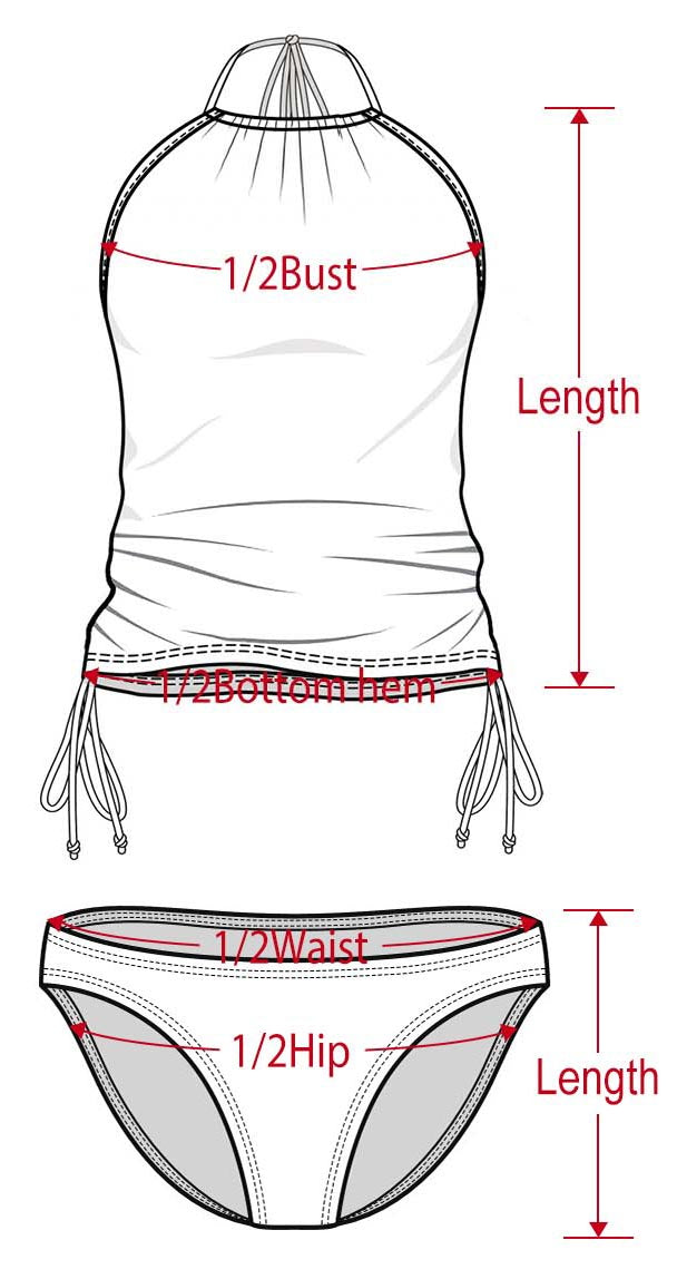 Measurement chart for a swimsuit with labeled dimensions on a white background