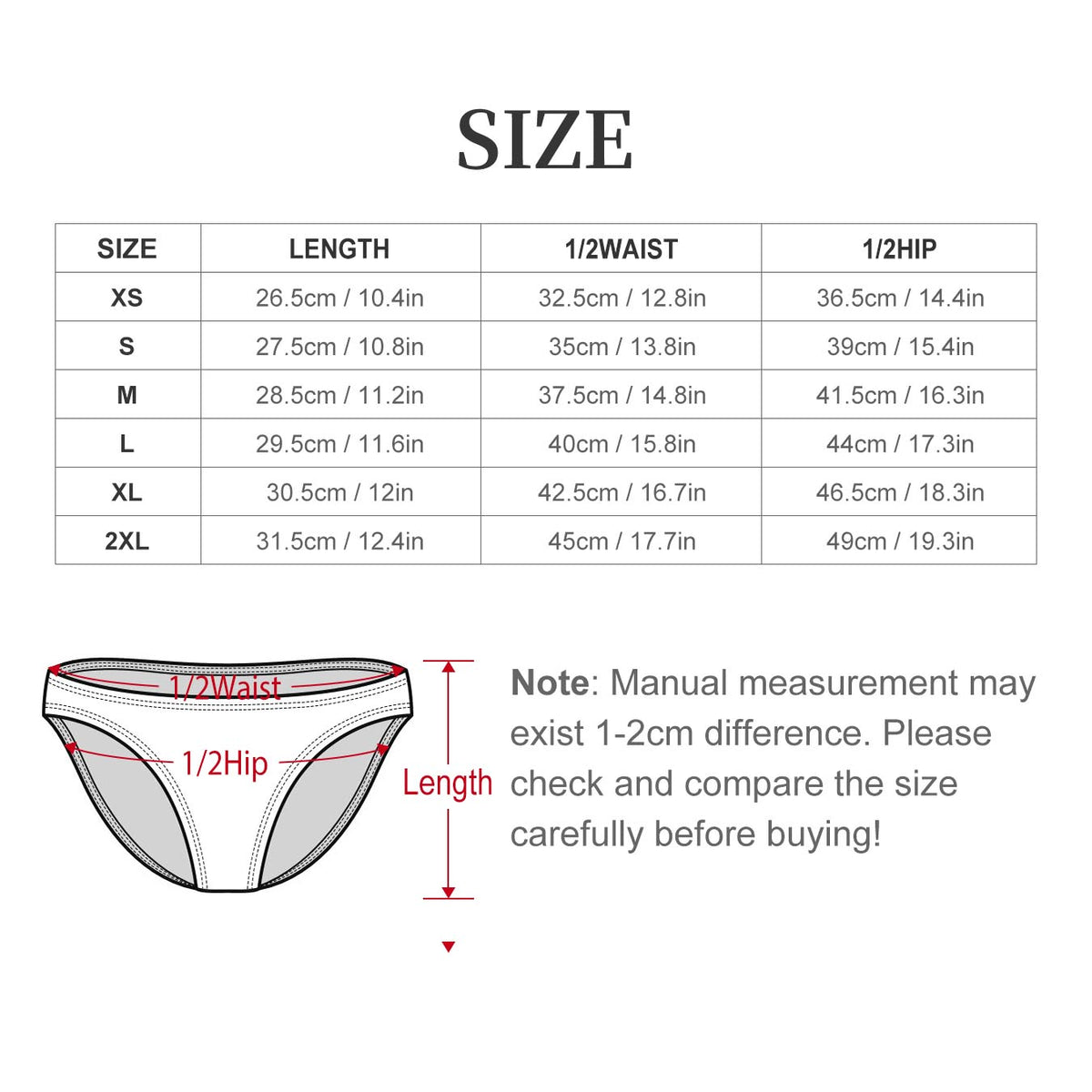 Size chart for men's underwear with measurements in centimeters and inches.