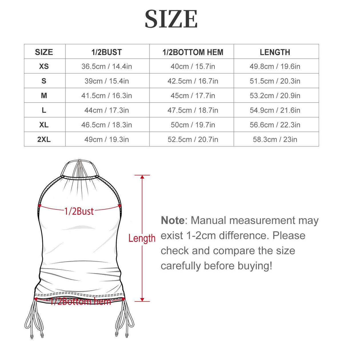 Size chart for a garment with measurements in centimeters and inches.