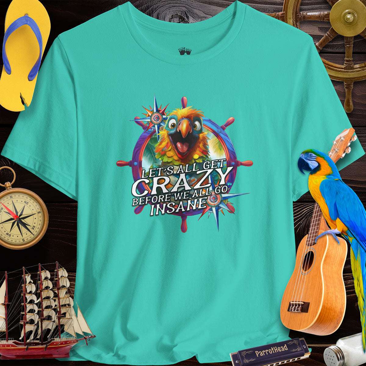 Colorful ParrotHead Tee with 'Let's All Get Crazy' graphic, perfect for beach parties and laid-back fun.