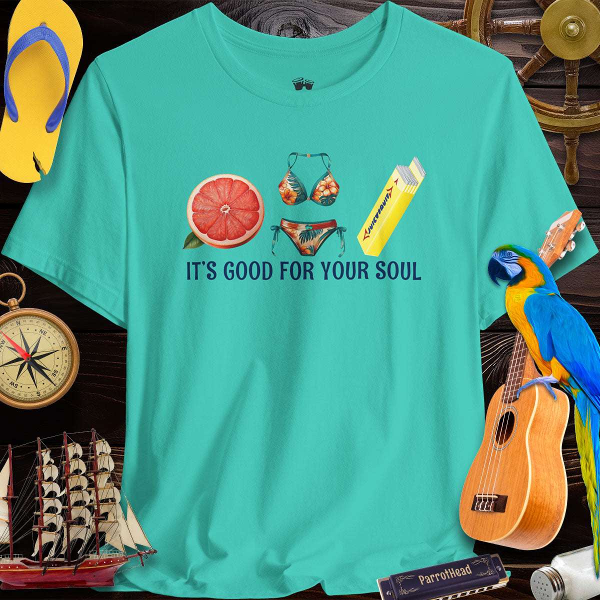 Grapefruit Juicy Fruit ParrotHead T-Shirt in turquoise featuring a beachy vibe design for summer wear.