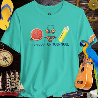 Grapefruit Juicy Fruit ParrotHead T-Shirt in turquoise featuring a beachy vibe design for summer wear.