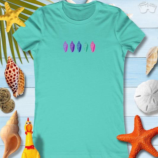 Colorful Junonia seashells design on a teal beach tee for women, perfect for summer outings and casual wear.