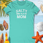 Turquoise women's nautical t-shirt with "SALTY MOM" design, perfect for coastal vibes and Mother's Day.