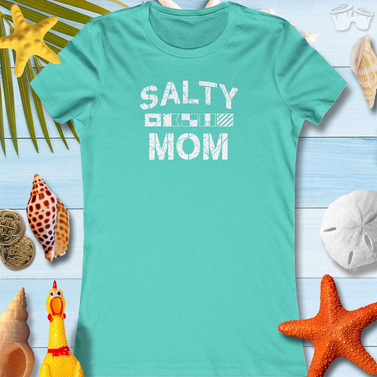 Turquoise women's nautical t-shirt with "SALTY MOM" design, perfect for coastal vibes and Mother's Day.