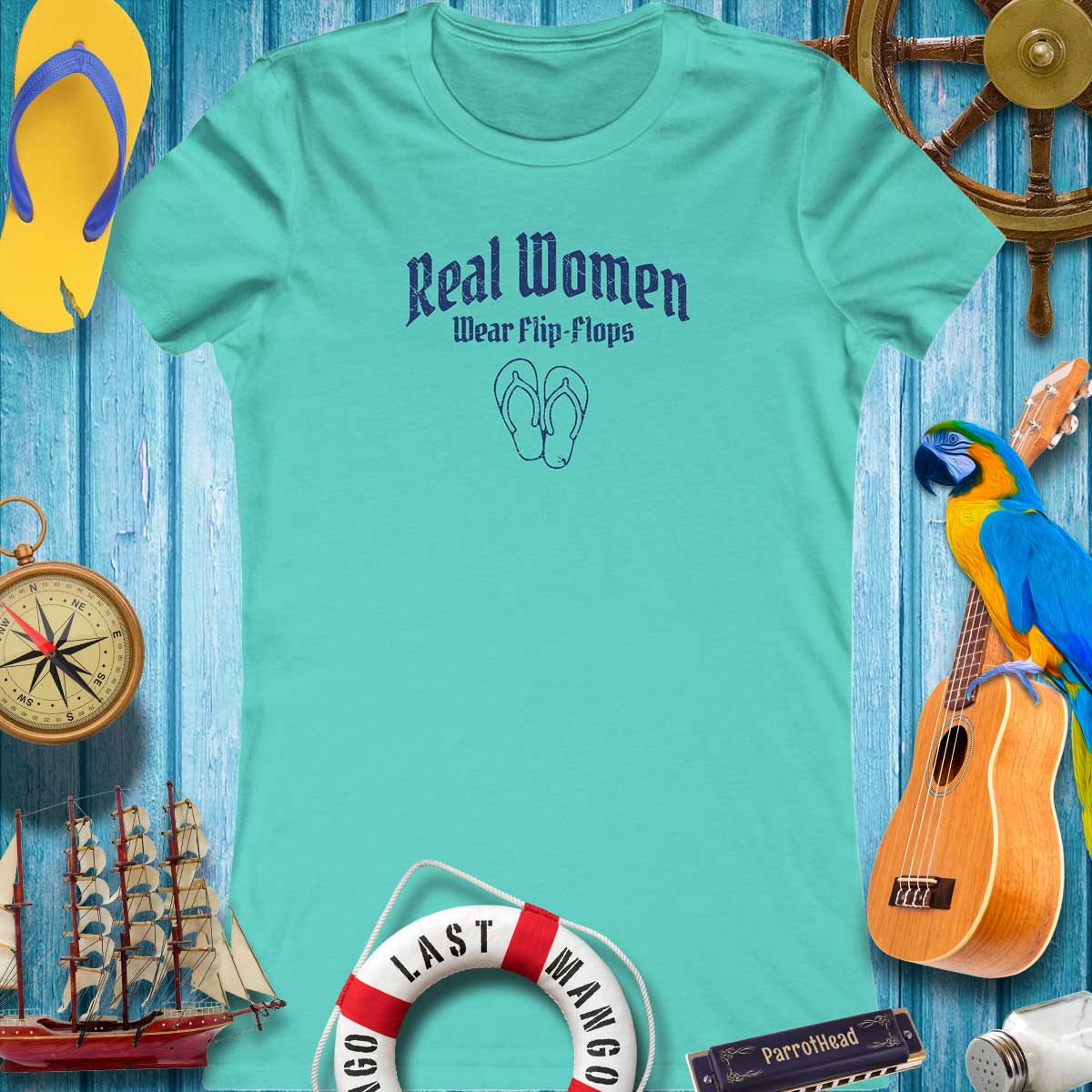 Real Women Wear Flip-Flops women's Bella Canvas T-Shirt in turquoise, perfect for beach lovers and summer outings.
