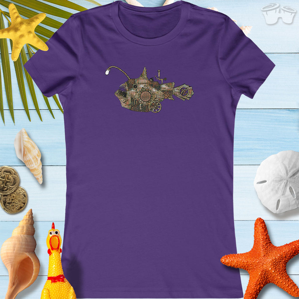 Team Purple Women's T-Shirt with cool Steampunk Angler Fish on a beachy background