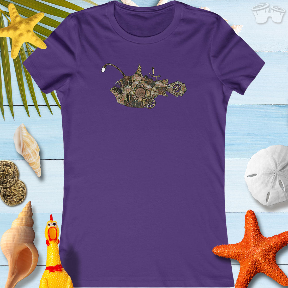 Team Purple Women's T-Shirt with cool Steampunk Angler Fish on a beachy background