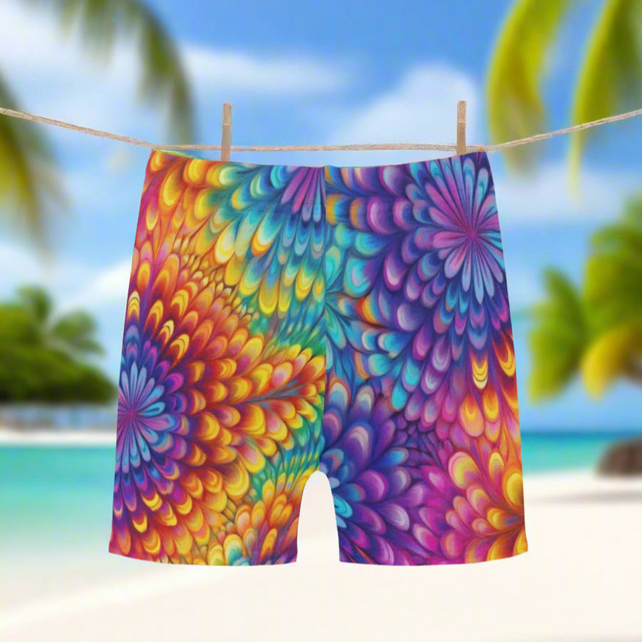 Colorful tie-dye patterned shorts hanging on a line in a tropical island beach paradise