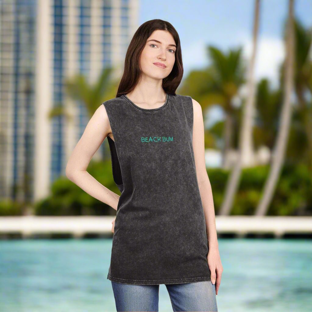 Girl Wearing a sleeveless beach bum t-shirt hanging loose in Waikiki