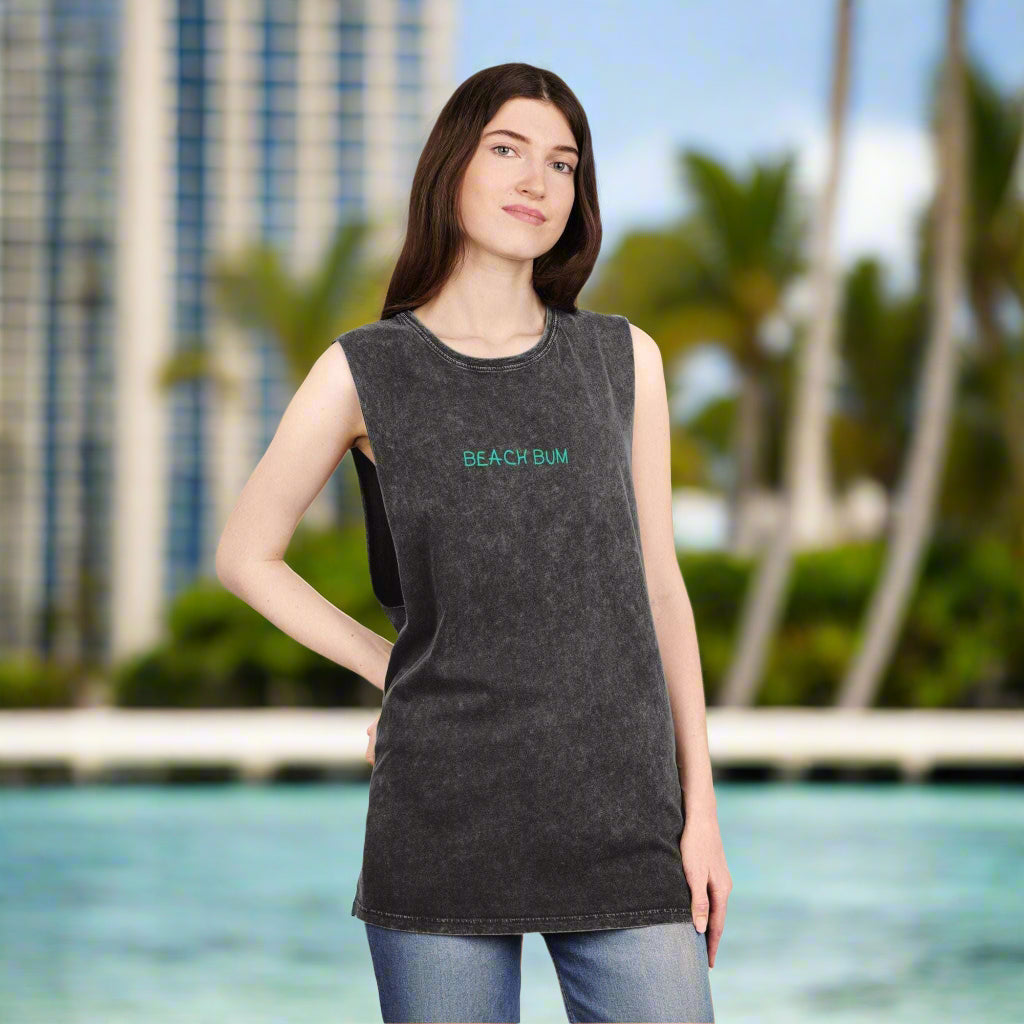 Girl Wearing a sleeveless beach bum t-shirt hanging loose in Waikiki