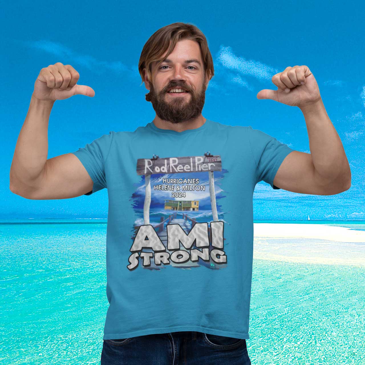 Man wearing a 'AMI Strong' t-shirt with a beach background