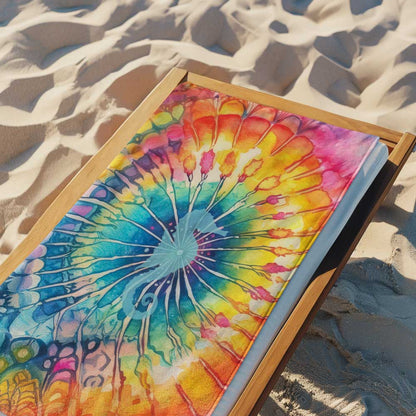 Seahorse beach towel laid out flat over a wooden lawn chair on the beach.