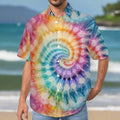 Dude wearing a colorful tie-dye Hawaiian Style shirt with a spiral pattern standing on a Big Island Beach