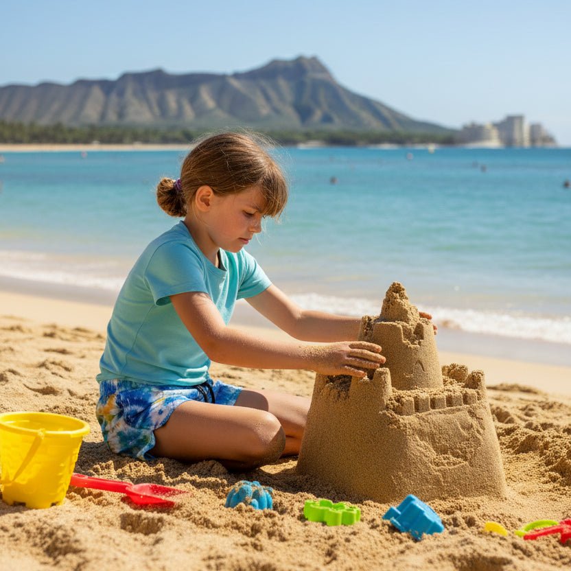 Child building a sandcastle on a beach with mountains and ocean in the background