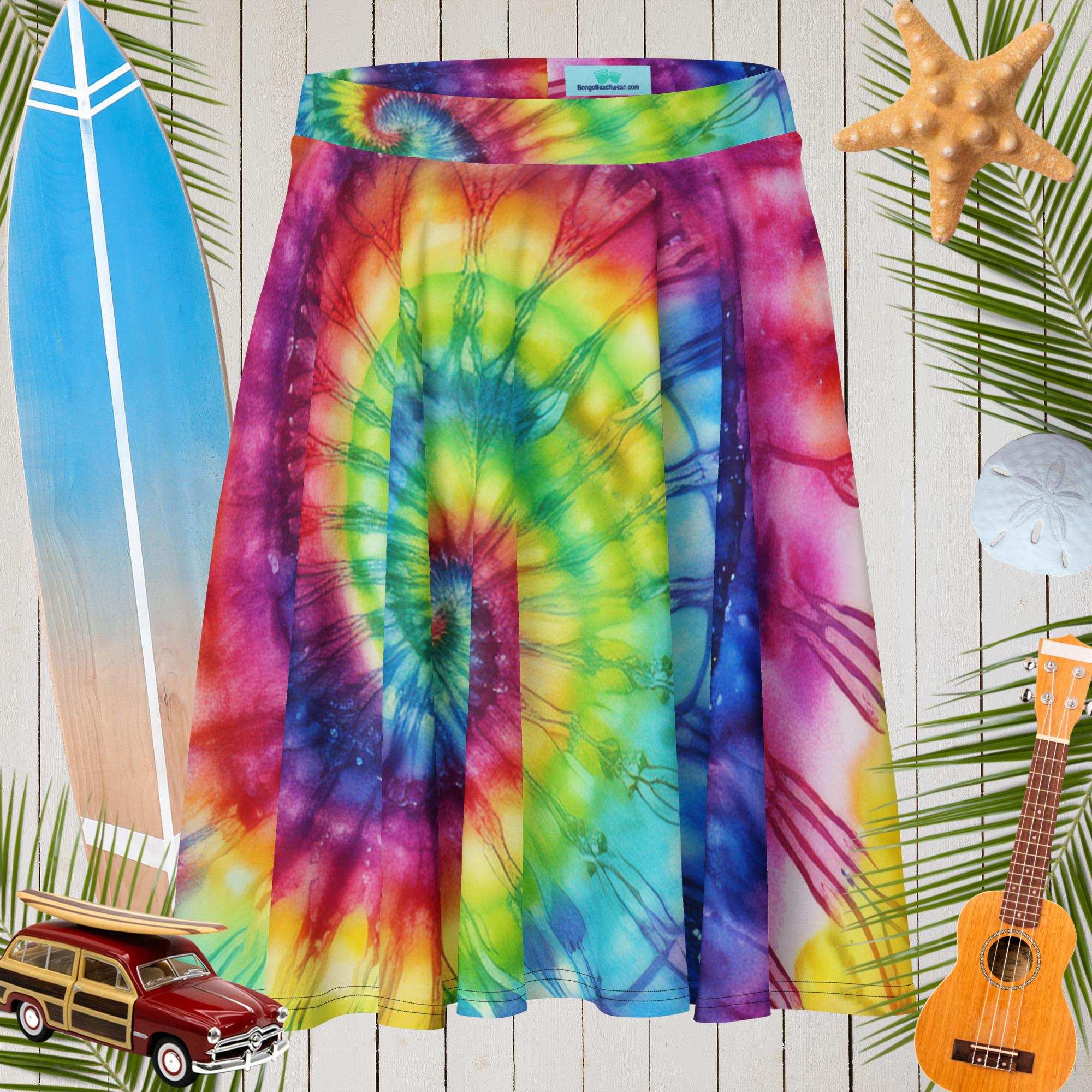 Surfy style tie-dye circle skirt surrounded by surfing icons.