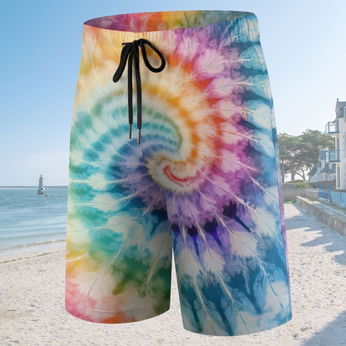 Tie-dye shorts on a beach with ocean and clear sky in the background