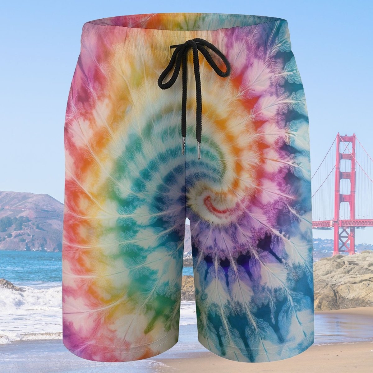 Tie-dye shorts with a colorful spiral pattern against a beach background with the Golden Gate Bridge.