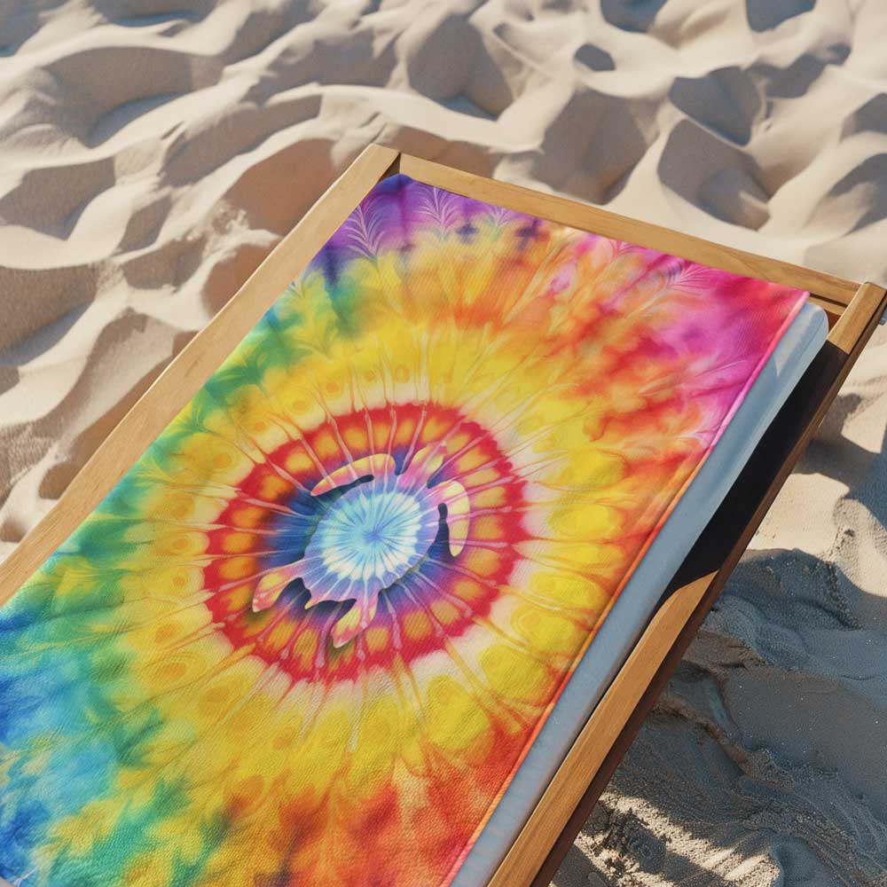 Beach Towel laid out flat on a beach lounge chair over sand.