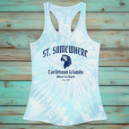 Tie-Dye Tank Top featuring parrot head art for St. Somewhere in the Caribbean Islands over a rustic wood background