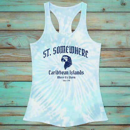 Tie-Dye Tank Top featuring parrot head art for St. Somewhere in the Caribbean Islands over a rustic wood background