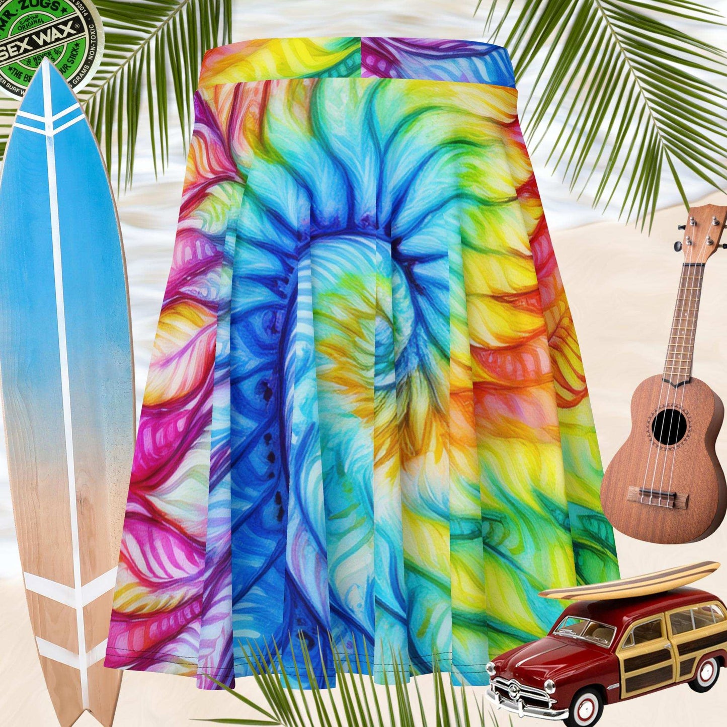 Tie-Dye Surfer Girl Skirt hanging over the beach with surfing icons all around