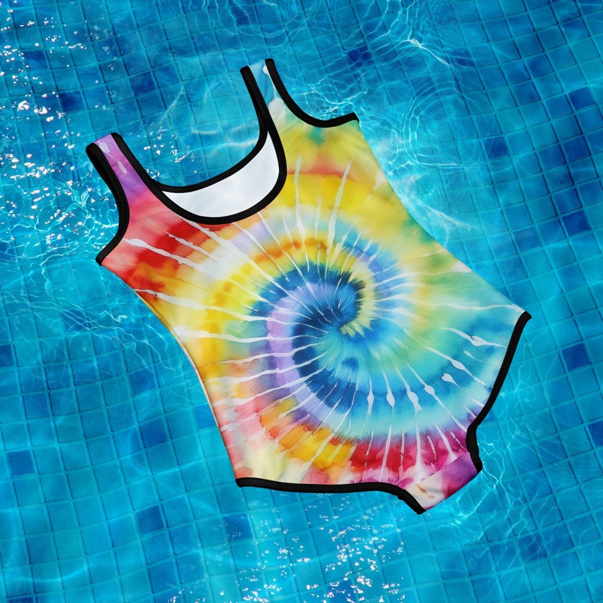 Tie-dye swimsuit on a blue tiled pool floor