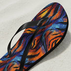 Colorful flip-flop with tiger stripe pattern on a light background