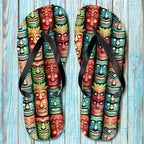Colorful Tiki Beach Flip Flops on a wooden background